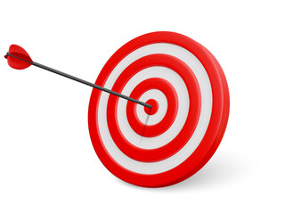 Marketing time concept. Business orientation. Realistic 3D red target with an arrow in the center. Vector illustration