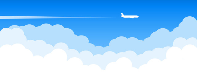 Fototapeta na wymiar Airplane flying above clouds. Jet plane with exhaust white trail. Blue gradient and white plane silhouette. White and transparent clouds on the blue sky. jpg image