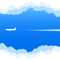 Airplane flying above clouds. Jet plane with exhaust white trail. Blue gradient and white plane silhouette. White and transparent clouds on the blue sky. jpg image