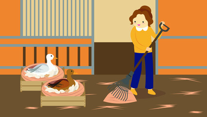 Woman sweeping on a farm among poultry