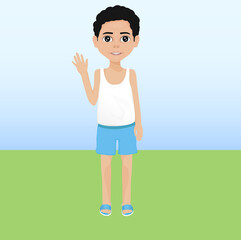 boy wearing athlete, shorts and slippers