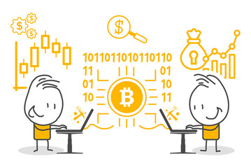 Stick figures. Bitcoins - bitcoin BTC the new virtual money. Online banking, Virtual cryptocurrency concept.
