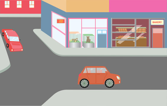 A bakery and a toy shop on the street are located in two red and orange cars.