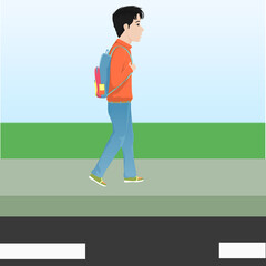 boy with school bag on his back goes to school.