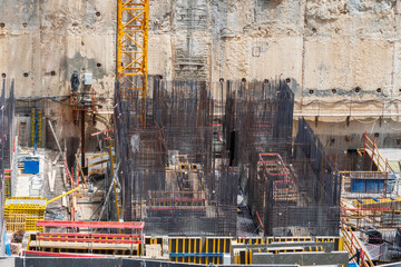 Construction site background. Hoisting cranes and new multi storey buildings. Industrial background. Close Up of Somail complex in Tel Aviv. Construction work on the new Tel Aviv Municipality building