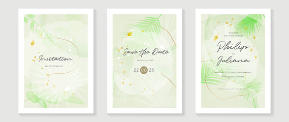 Fototapeta na wymiar Luxury botanical wedding invitation card template. Green watercolor card with gold glitters, foliage, tropical palm leaves. Elegant leaf branch vector design suitable for banner, cover, invitation.