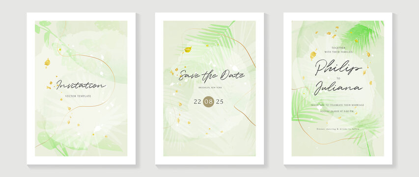 Luxury botanical wedding invitation card template. Green watercolor card with gold glitters, foliage, tropical palm leaves. Elegant leaf branch vector design suitable for banner, cover, invitation.