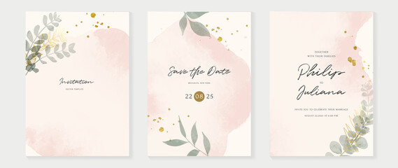 Luxury botanical wedding invitation card template. Pink watercolor card with gold line art, foliage, eucalyptus leaves. Elegant leaf branch vector design suitable for banner, cover, invitation.