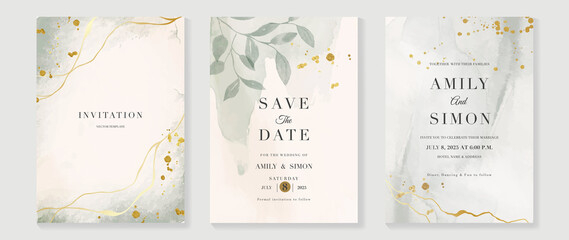 Luxury botanical wedding invitation card template. Minimal watercolor card with gold line art, foliage, eucalyptus leaves. Elegant leaf branch vector design suitable for banner, cover, invitation. - obrazy, fototapety, plakaty
