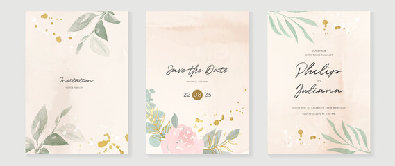Luxury botanical wedding invitation card template. Minimal watercolor card with gold line art, flower, eucalyptus leaves. Elegant leaf branch vector design suitable for banner, cover, invitation.