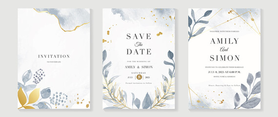 Luxury botanical wedding invitation card template. Blue watercolor card with gold line art, foliage, eucalyptus leaves. Elegant leaf branch vector design suitable for banner, cover, invitation. © TWINS DESIGN STUDIO