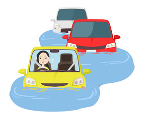 冠水した道路で立ち往生する車列と女性
