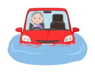 冠水した道路で立ち往生する車と高齢女性

