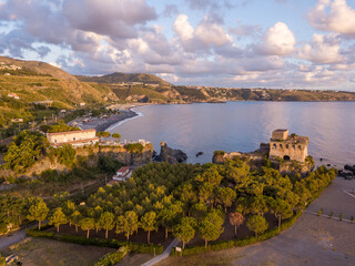 aerial view of San Nicola Arcella at sunset, Cosenza, Calabria, Italy