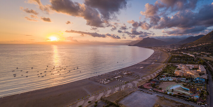 aerial view of San Nicola Arcella at sunset, Cosenza, Calabria, Italy