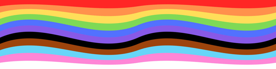 June Pride Parade banner of LGBTQ+ Lesbian, gay, bisexual, transgender & Queer organization. Vector Illustration of colorful wave pattern new Social Justice. Progress rainbow pride flag. - obrazy, fototapety, plakaty