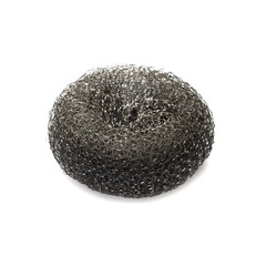 Stainless steel scrubber, scouring pad on a white background. Isolated. Metal sponge for washing dishes and cleaning dried food.