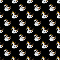 Seamless pattern beach inflatable swan. Pool white inflatable swan for summer beach isolated on black background. Trendy summer concept.