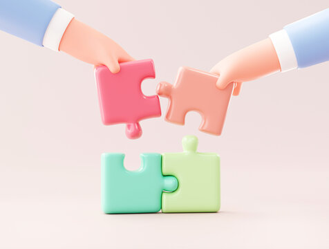 Jigsaw puzzle Symbol of teamwork Business Hand connecting partner brainstorming background banner 3d cartoon illustration