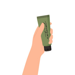 Hand holding skin care cosmetic product. Woman showing moisture cream, foam tube. Organic cosmetics products, skincare routine concept. Cartoon Flat vector illustration isolated on white background.
