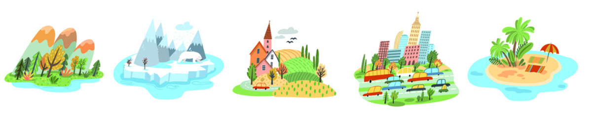 set of different vacation places - norht pole with polar bear, city center, countryside, mountains and forest, desert island wit sandy beach - flat hand drawn vector illustration