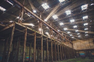 The sun's rays break through the roof of an abandoned warehouse 