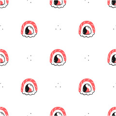 Seamless pattern with sushi rolls on a white background. Japanese food. Illustration background.