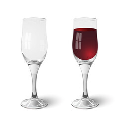 Set of empty wine glass and wineglass with red wine isolated on white background