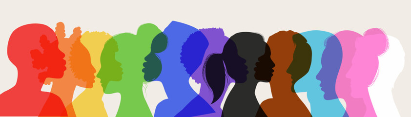 Silhouette profile group men and women of diverse cultures. Diversity people. Concept of racial equality, multicultural and multiracial society. Rainbow colors. June Pride Parade banner. Empowerment. 