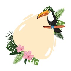 Illustration with black toucan bird with tropical leaves and pink frangipani flowers.  © Marina