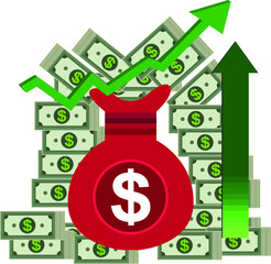 Pile of money dollar notes and dollar bag and money increase value arrow. on white background. stock market and business icon