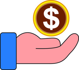 illustration hand and a dollar coin. on white background. business icon