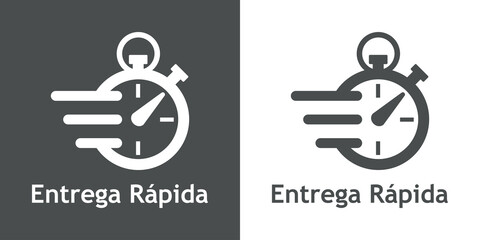 Logo de entrega urgente. Icono de cronómetro con líneas de velocidad y texto Entrega Rápida en español para servicio, pedido, envío rápido y gratuito © teracreonte