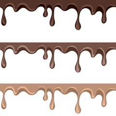 Set of melted dark, white and milk sweet chocolate dripping seamless. Liquid chocolate on a white background. Hand drawn vector illustration.
