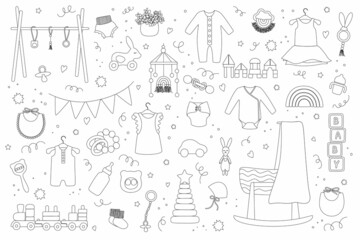 Baby trendy clothes, accessories and toys in doodle style. Nursery collection with body suit, montessori toys, cradle, bassinet. Hand drawn outline vector illustration set isolated on white background