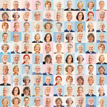 Portraits von Menschen im Alter vor buntem Hintergrund