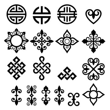 Mongolian traditional vector design elements set with symbols, flowers, and geometric or celtic shapes, oriental folk art style patterns collection
