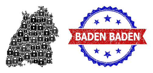 Guard mosaic map of Baden-Wurttemberg State, and bicolor grunge Baden Baden seal. Vector seal has Baden Baden title inside red ribbon and blue rosette.