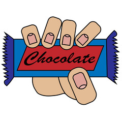 hand holding a chocolate bar. Isolated vector illustration on white background in cartoon style