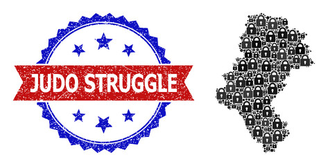 Protection mosaic map of Silesia Province, and bicolor unclean Judo Struggle seal. Vector seal includes Judo Struggle title inside red ribbon and blue rosette.