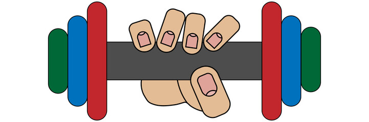 Hand holding dumbbell isolated on white background in cartoon style