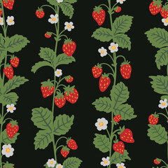 Wild strawberries bush stem, whip vector seamless pattern. Summer forest berry hand drawn texture for wallpapers, textile, wrapping paper, fabric, packaging, cards. Cute fruit flat cartoon background