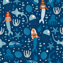 Seamless pattern from the underwater world such as mermaid, whale, octopus, crab, algae, shells, jelly fish. Vector illustration.