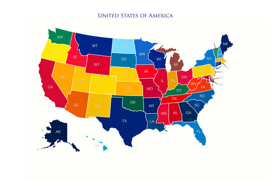 United States of America colorful map with states and borders illustration