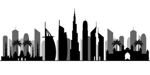 Dubai silhouette. Emirates skyline. Vector illustration with all famous towers. United Arab Emirates skyscraper buildings silhouette.