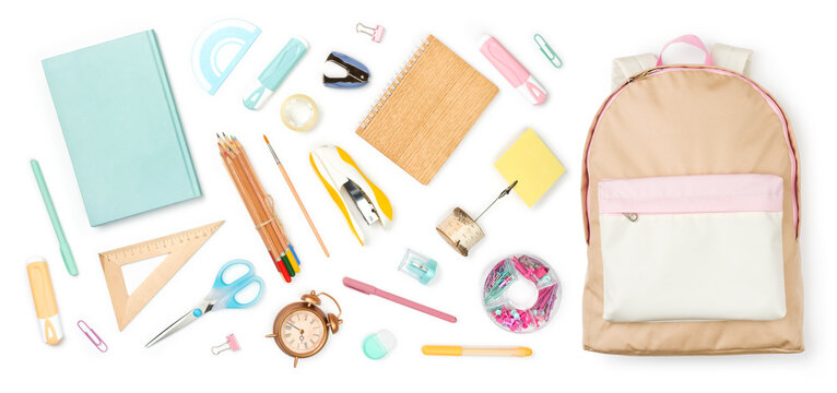 Education supplies and tools for children study on white background