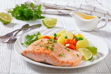 instant pot salmon, carrots, peas and potatoes