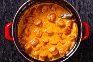 nakkikastike, finnish sausage in sauce, top view