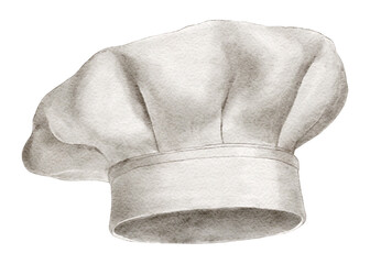 White chef's hat painted in watercolor. Headdress for the cook on a white background.