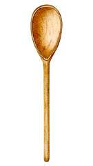 Culinary wooden spoon painted in watercolor. Wooden kitchen utensils on a white background.